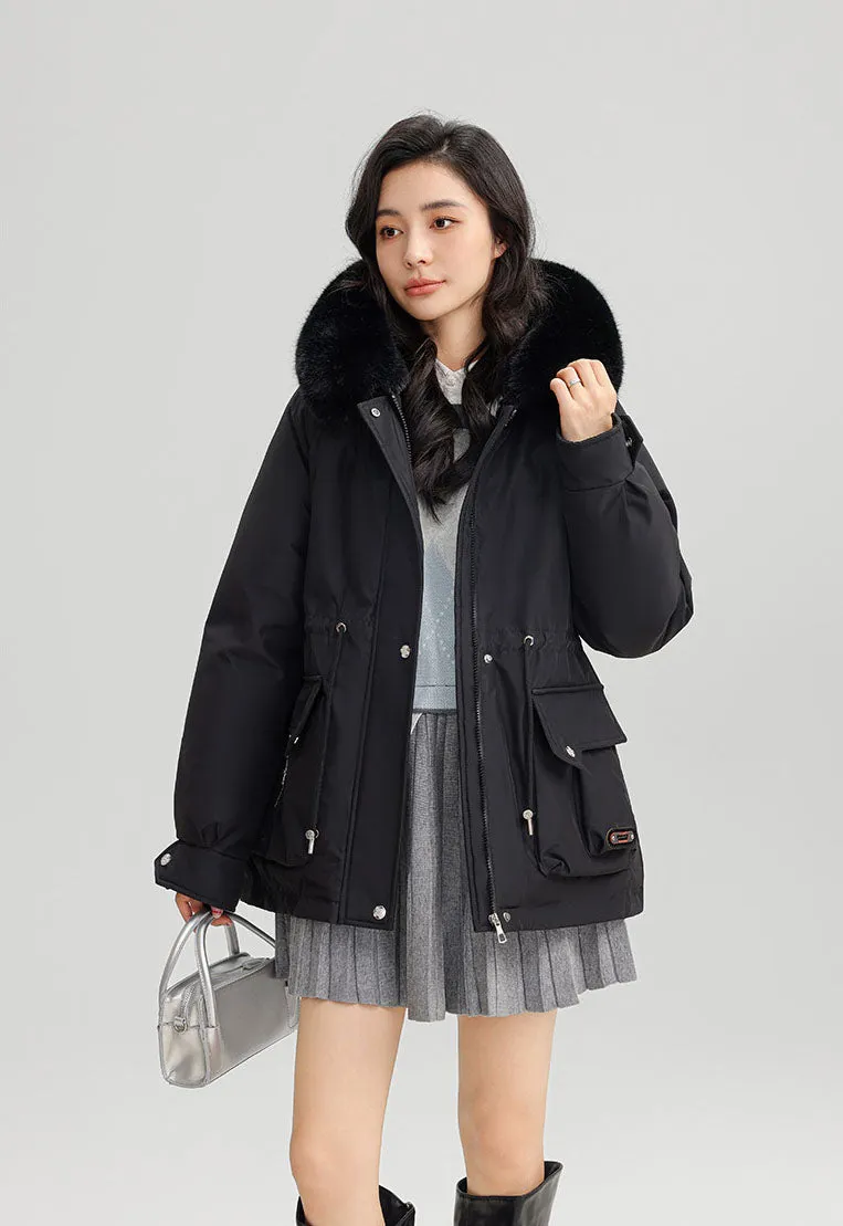 Thickened Water-Resistant Parka for Women with Faux Fur Collar and Flap Pockets