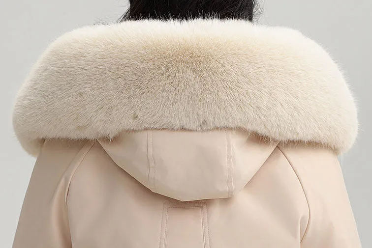 Thickened Water-Resistant Parka for Women with Faux Fur Collar and Flap Pockets