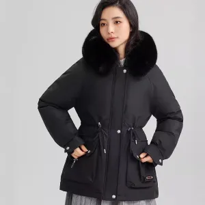 Thickened Water-Resistant Parka for Women with Faux Fur Collar and Flap Pockets