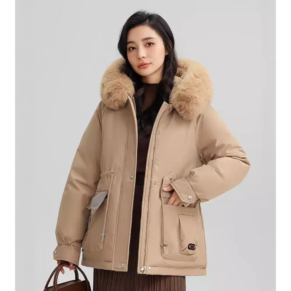 Thickened Water-Resistant Parka for Women with Faux Fur Collar and Flap Pockets