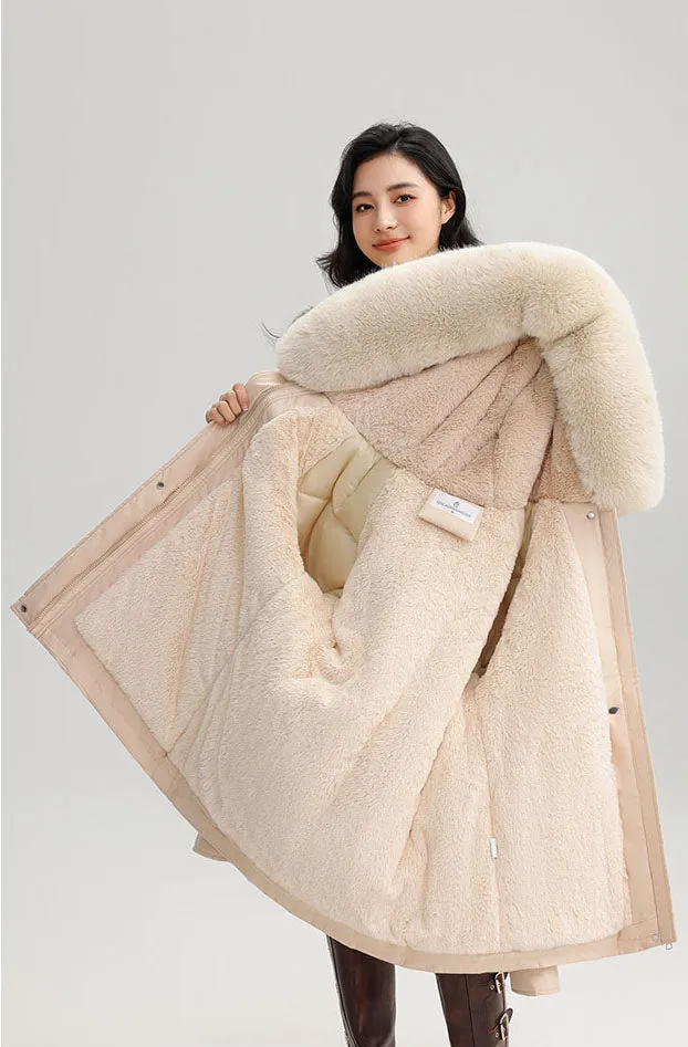 Thickened Water-Resistant Parka for Women with Faux Fur Collar and Flap Pockets