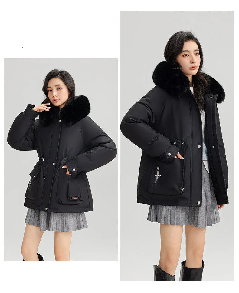 Thickened Water-Resistant Parka for Women with Faux Fur Collar and Flap Pockets