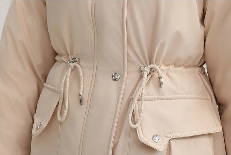 Thickened Water-Resistant Parka for Women with Faux Fur Collar and Flap Pockets