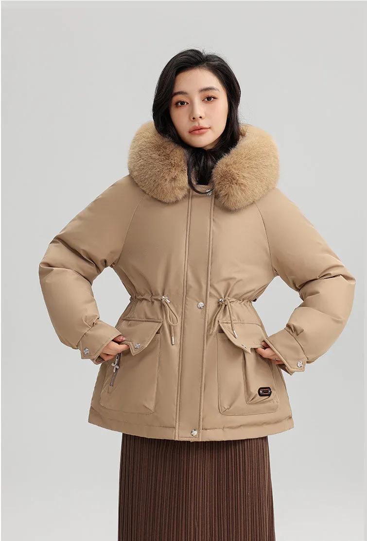 Thickened Water-Resistant Parka for Women with Faux Fur Collar and Flap Pockets