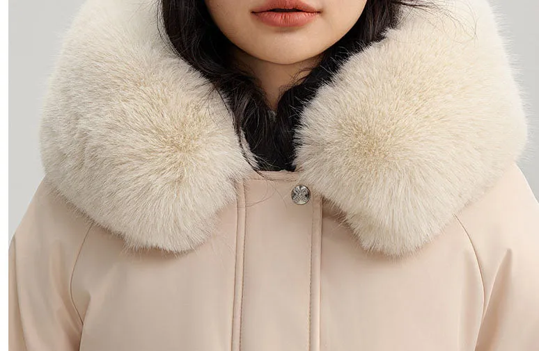 Thickened Water-Resistant Parka for Women with Faux Fur Collar and Flap Pockets