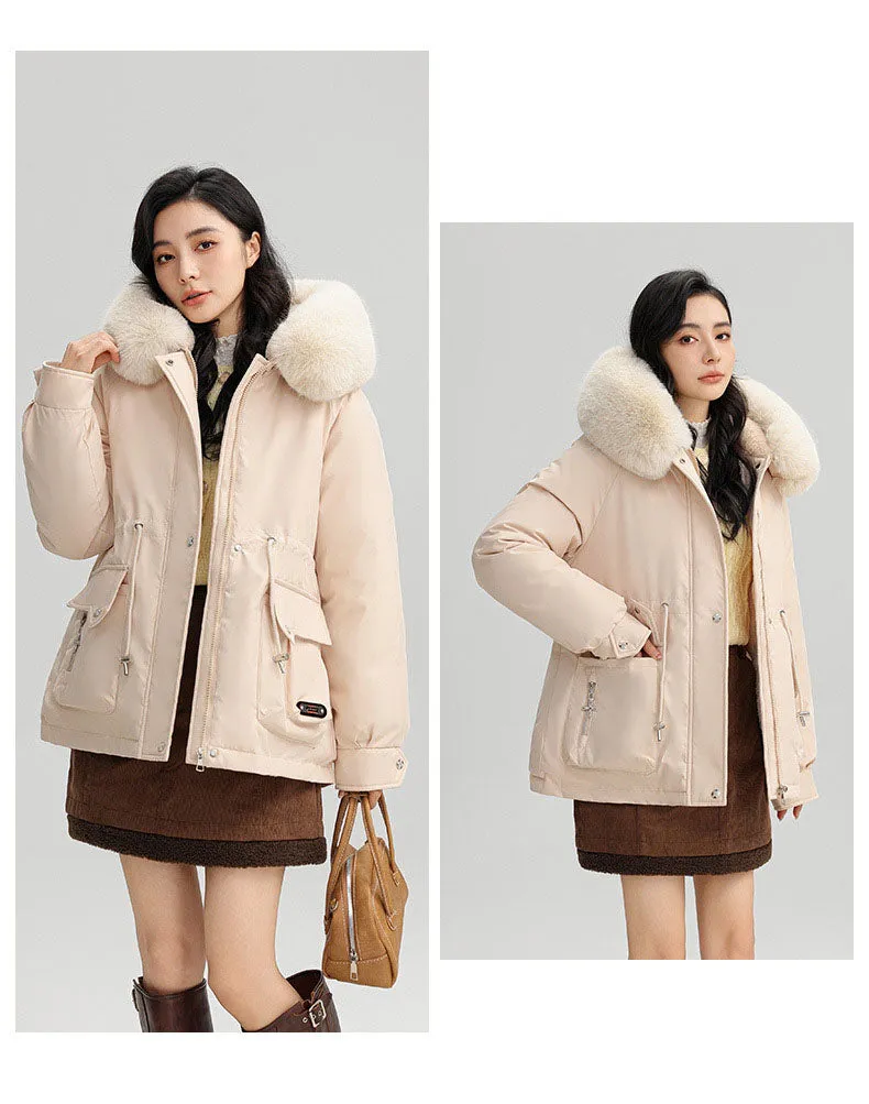 Thickened Water-Resistant Parka for Women with Faux Fur Collar and Flap Pockets
