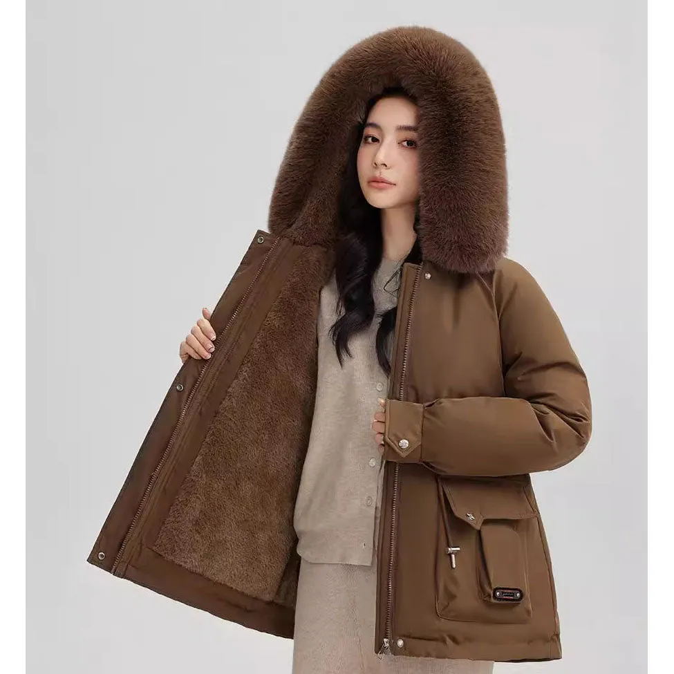 Thickened Water-Resistant Parka for Women with Faux Fur Collar and Flap Pockets