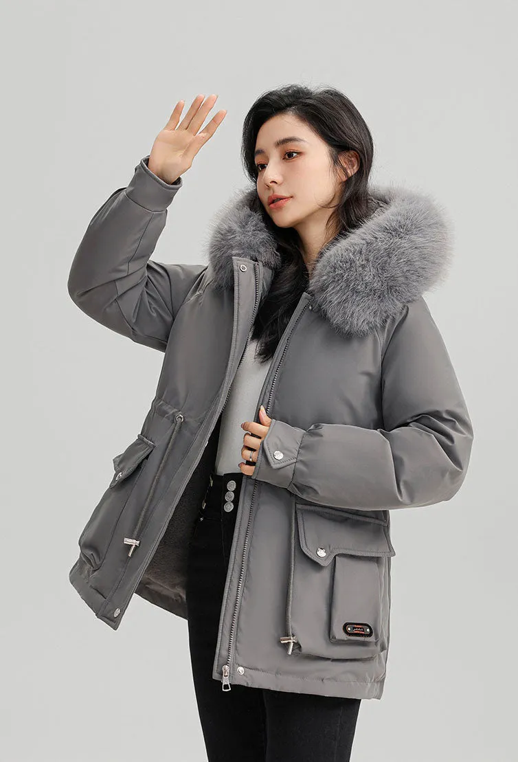 Thickened Water-Resistant Parka for Women with Faux Fur Collar and Flap Pockets
