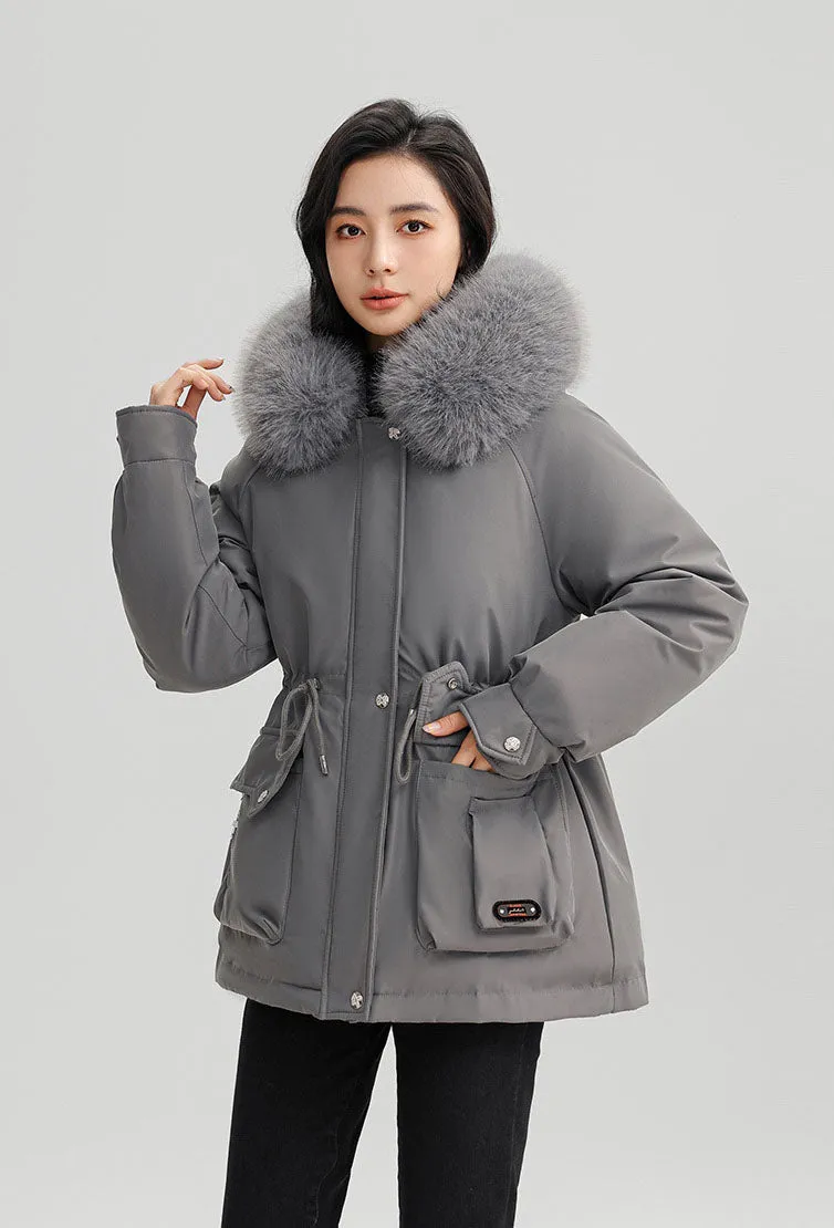 Thickened Water-Resistant Parka for Women with Faux Fur Collar and Flap Pockets
