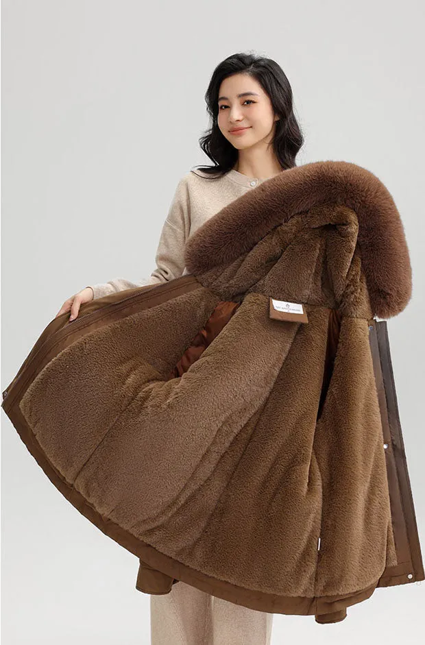Thickened Water-Resistant Parka for Women with Faux Fur Collar and Flap Pockets