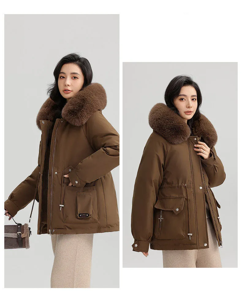 Thickened Water-Resistant Parka for Women with Faux Fur Collar and Flap Pockets