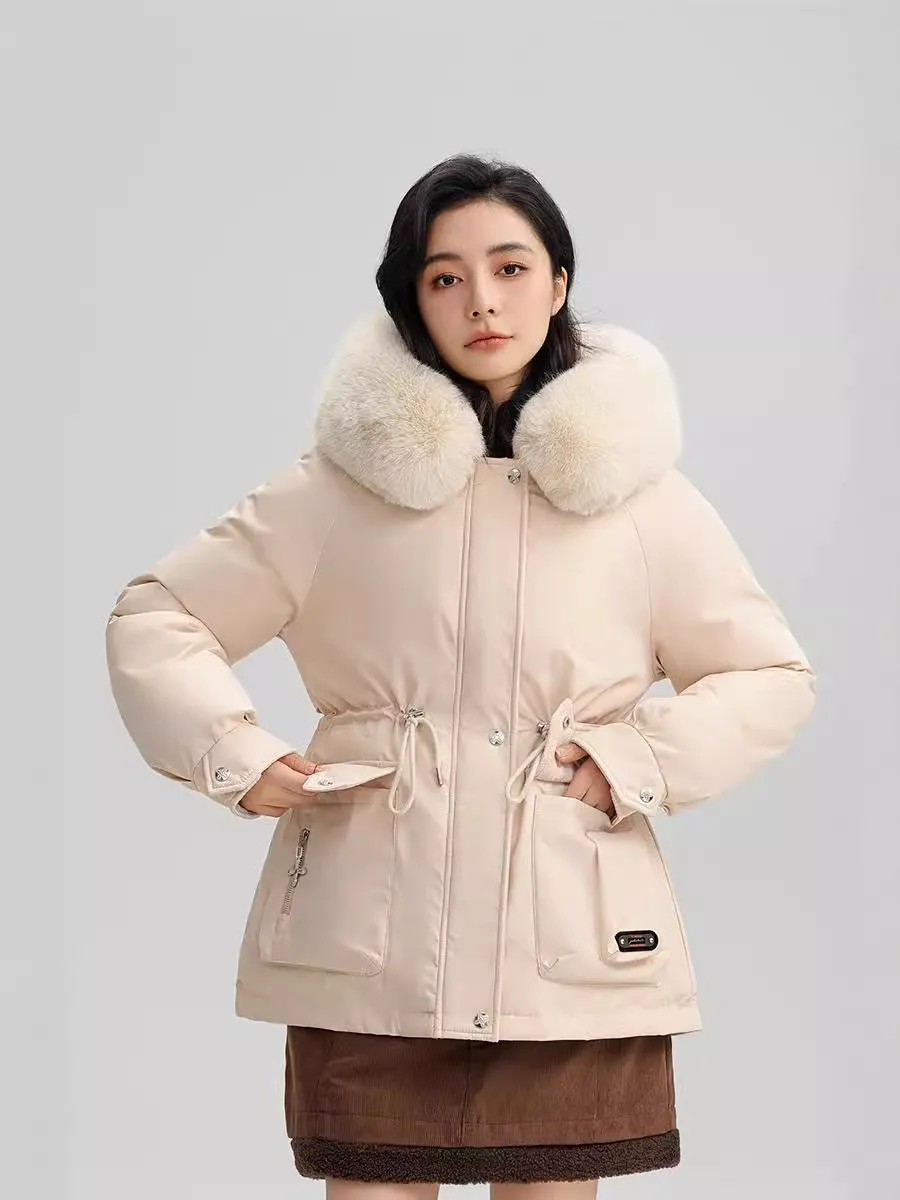 Thickened Water-Resistant Parka for Women with Faux Fur Collar and Flap Pockets