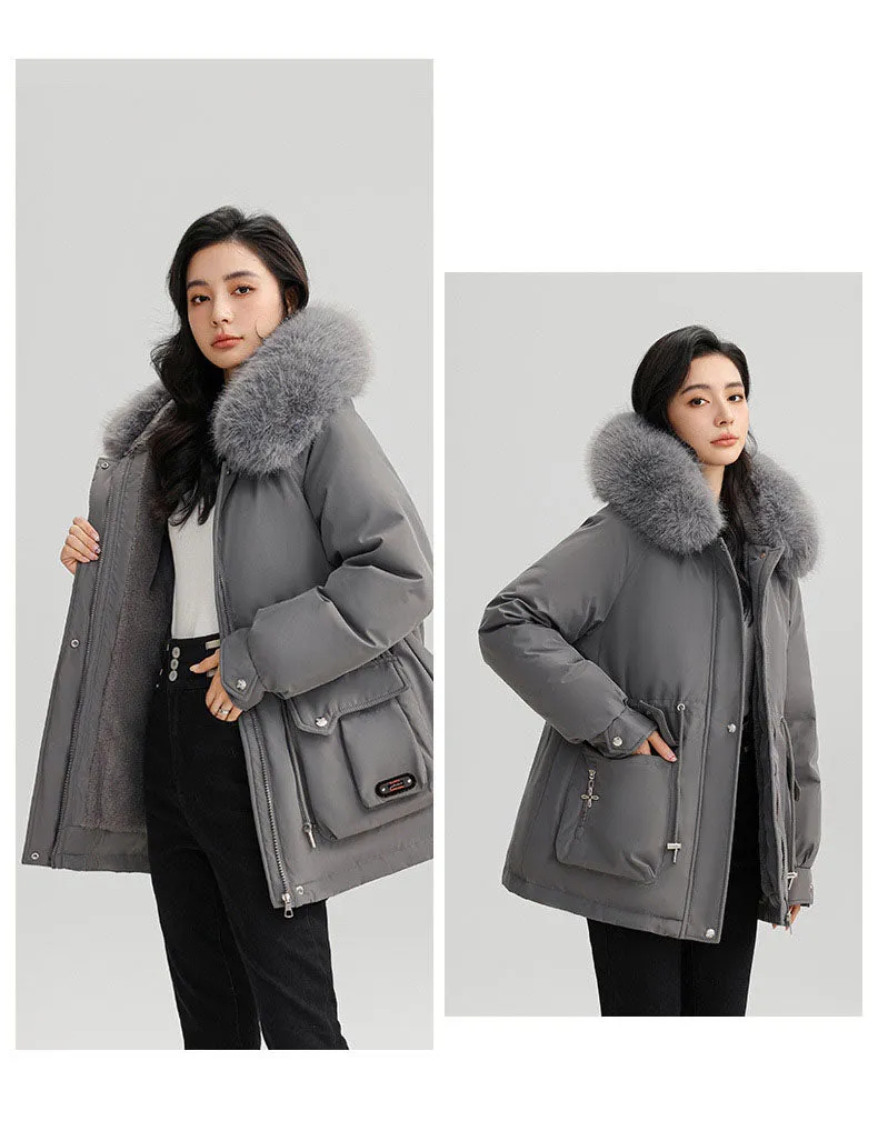 Thickened Water-Resistant Parka for Women with Faux Fur Collar and Flap Pockets