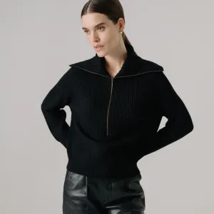 Tori Fisherman Half Zip Up Cashmere Pullover In Black