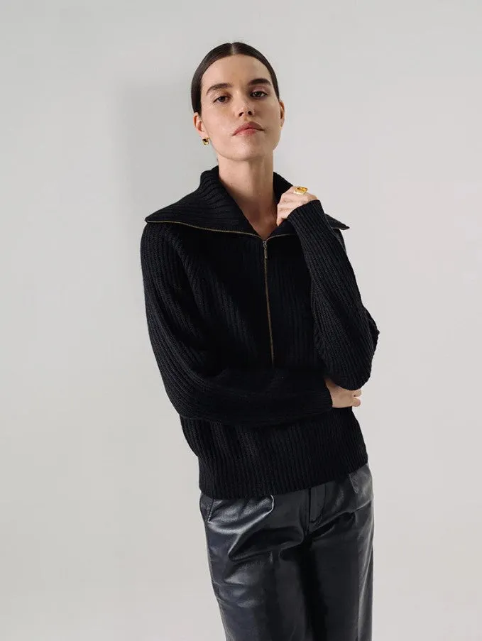 Tori Fisherman Half Zip Up Cashmere Pullover In Black