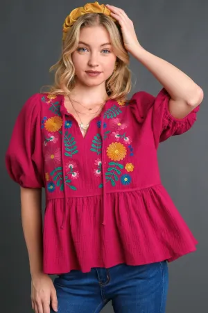 Umgee Full Size Cotton Gauze Floral Embroidery Babydoll Blouse Plus Size