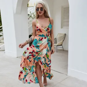 V-Neck Wrap Dress Women Vintage Floral Print Midi Dresses Bohemian Hippie Chic Ruffle Casual