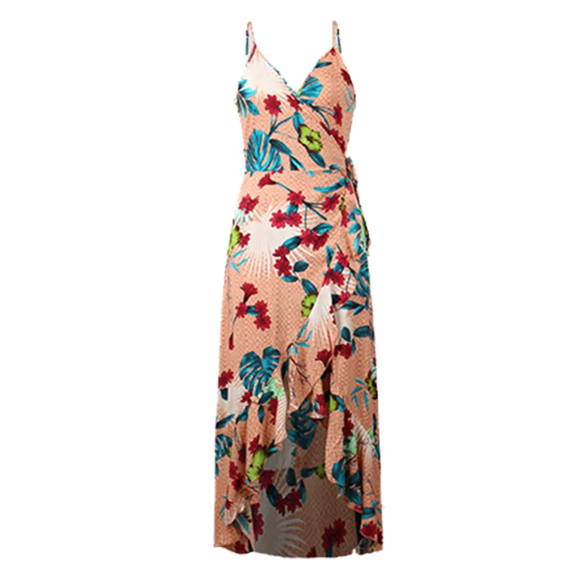 V-Neck Wrap Dress Women Vintage Floral Print Midi Dresses Bohemian Hippie Chic Ruffle Casual