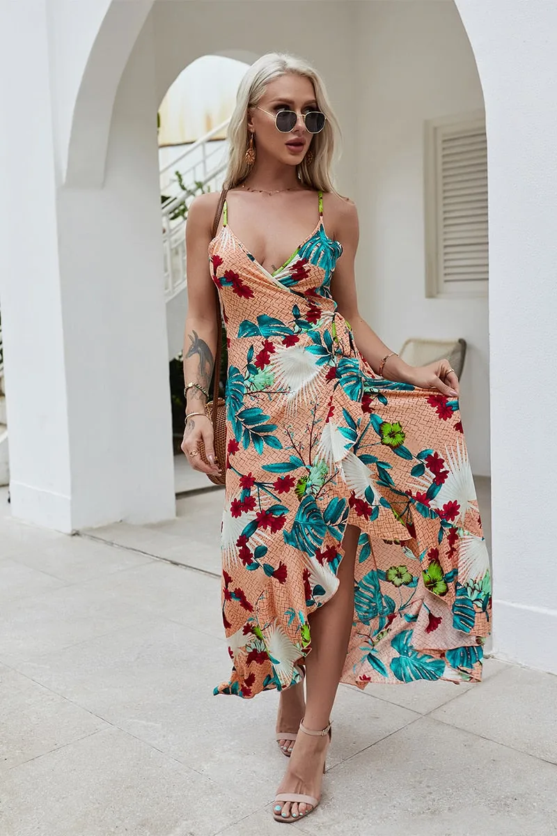 V-Neck Wrap Dress Women Vintage Floral Print Midi Dresses Bohemian Hippie Chic Ruffle Casual