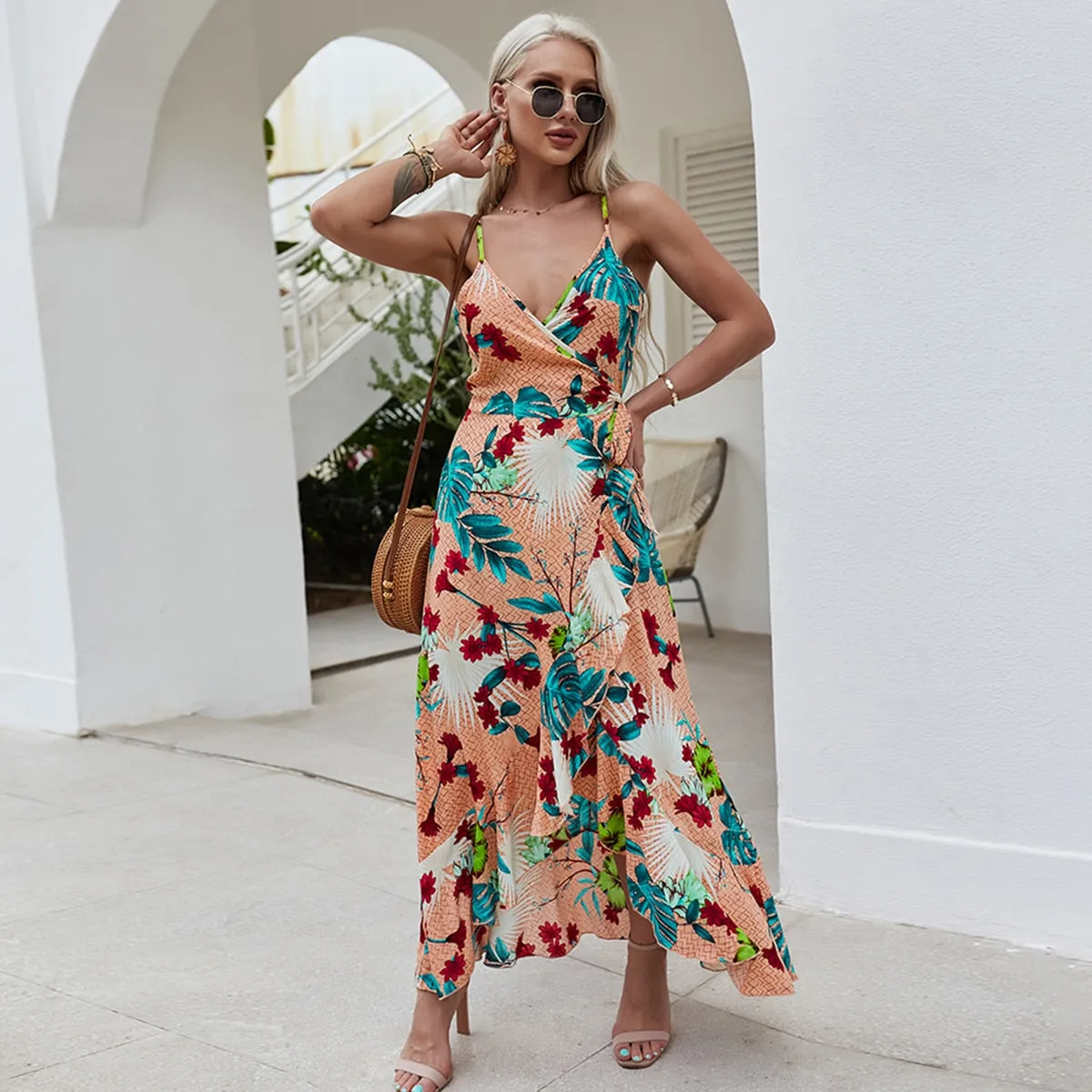 V-Neck Wrap Dress Women Vintage Floral Print Midi Dresses Bohemian Hippie Chic Ruffle Casual