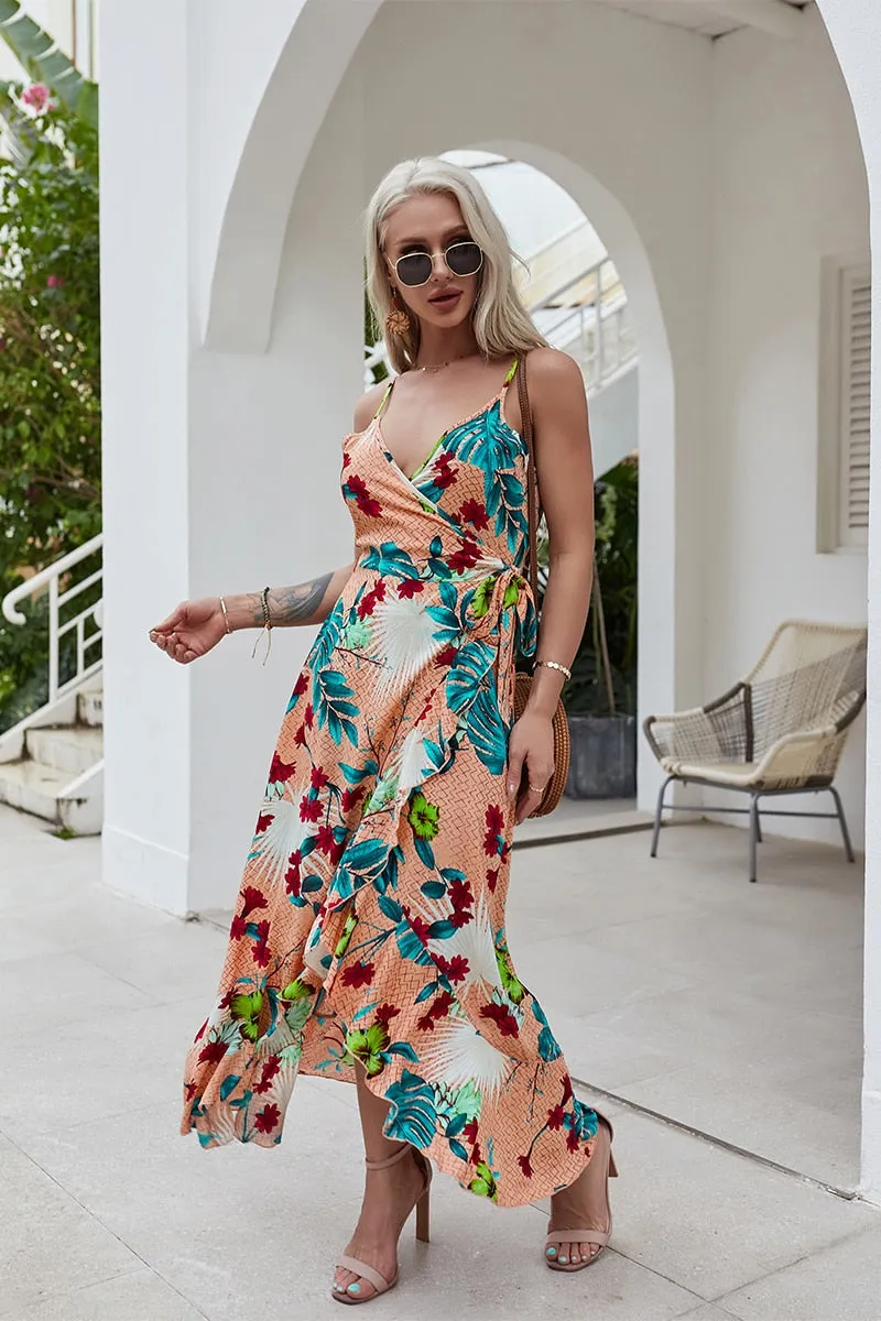 V-Neck Wrap Dress Women Vintage Floral Print Midi Dresses Bohemian Hippie Chic Ruffle Casual