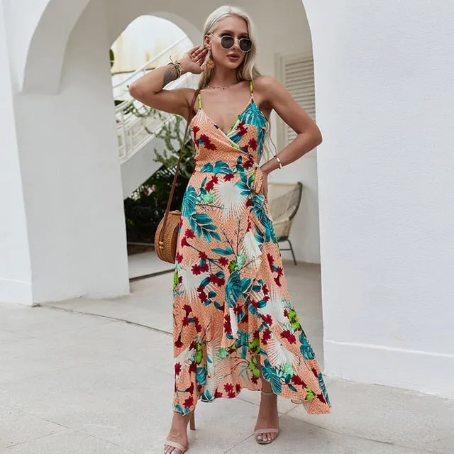 V-Neck Wrap Dress Women Vintage Floral Print Midi Dresses Bohemian Hippie Chic Ruffle Casual