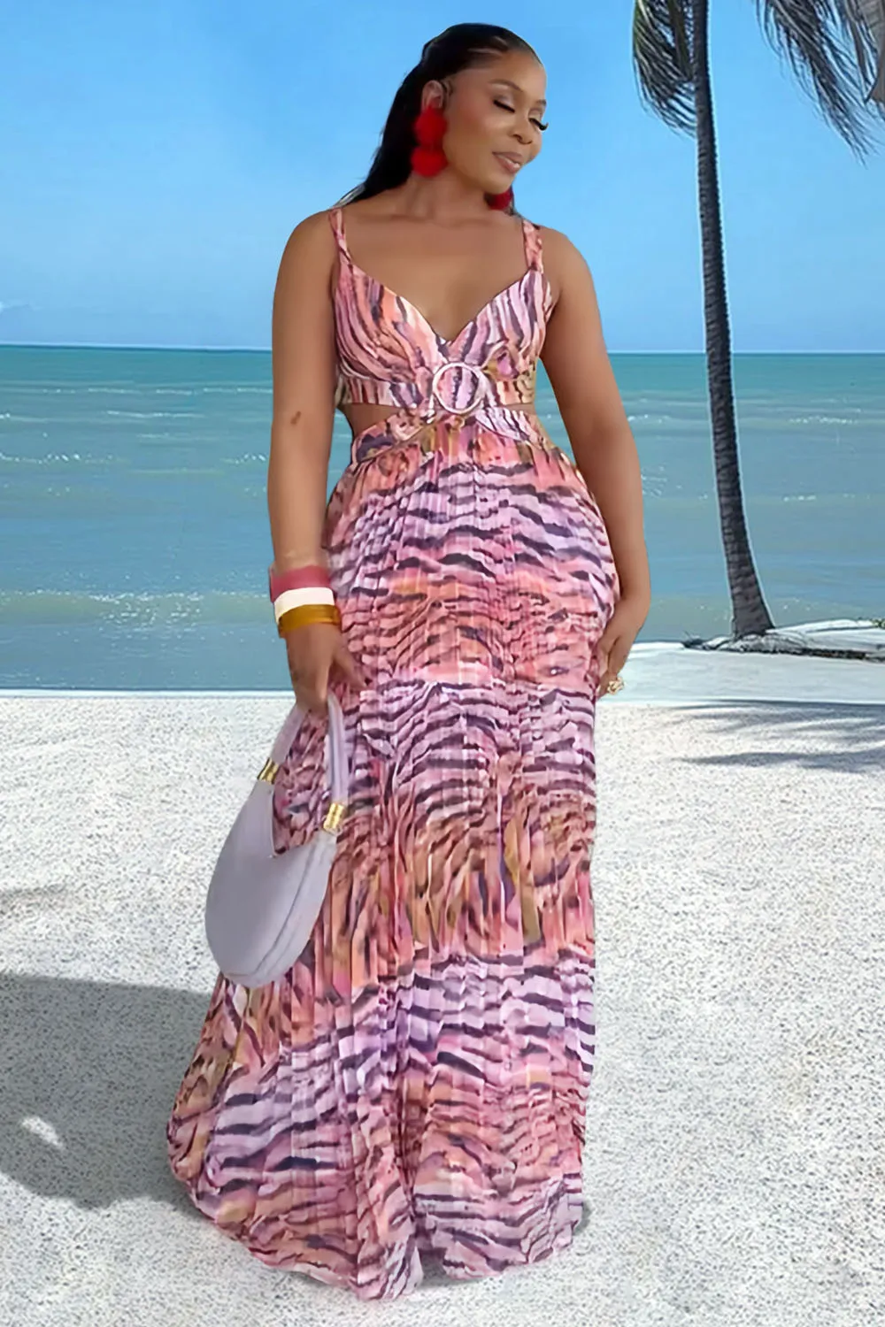 V Neck Zebra Print Pleated Cutout Vacation Maxi Slip Dresses-Pink [Pre Order]