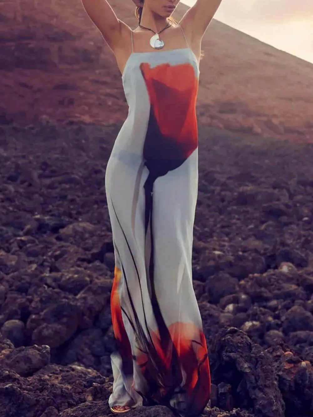 Vacation Abstract Tulip Print Graceful Slip H-Line Maxi Dress