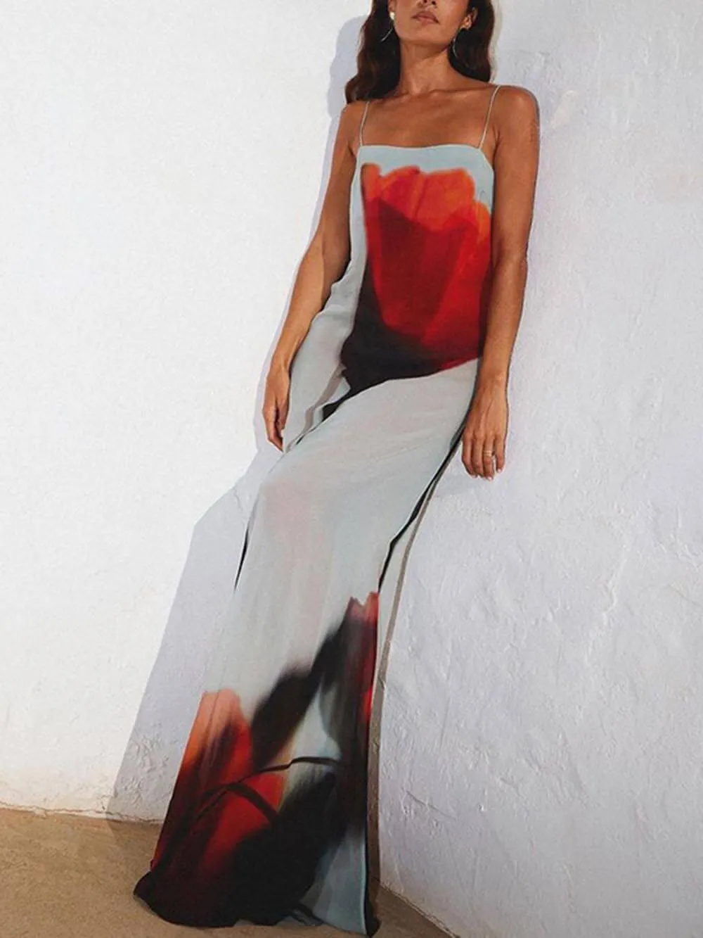 Vacation Abstract Tulip Print Graceful Slip H-Line Maxi Dress
