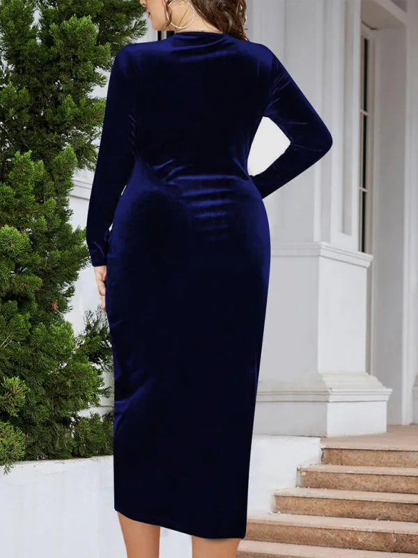 Velvet Bodycon Dress with V-Neck and Wrap Design