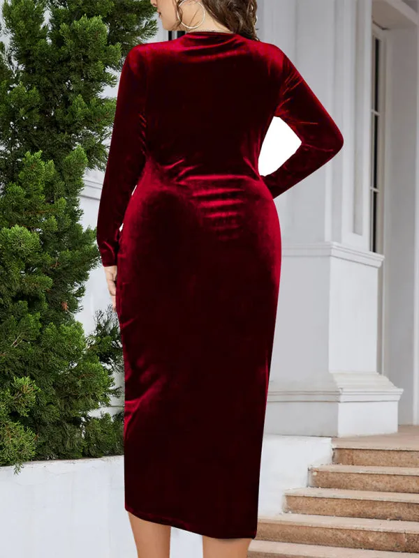 Velvet Bodycon Dress with V-Neck and Wrap Design
