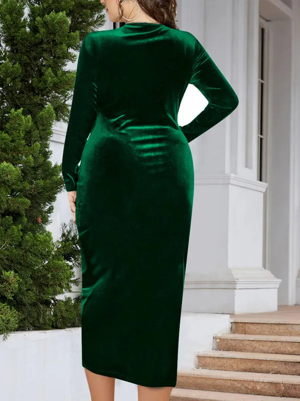 Velvet Bodycon Dress with V-Neck and Wrap Design