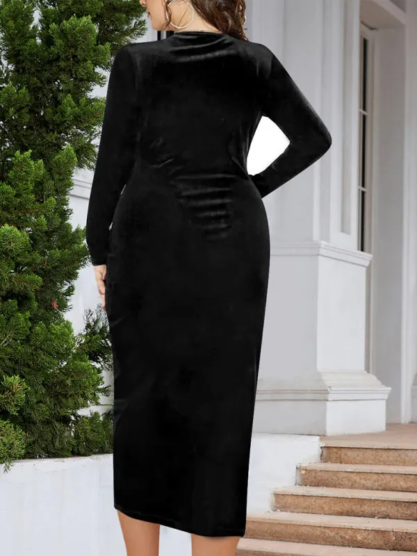 Velvet Bodycon Dress with V-Neck and Wrap Design