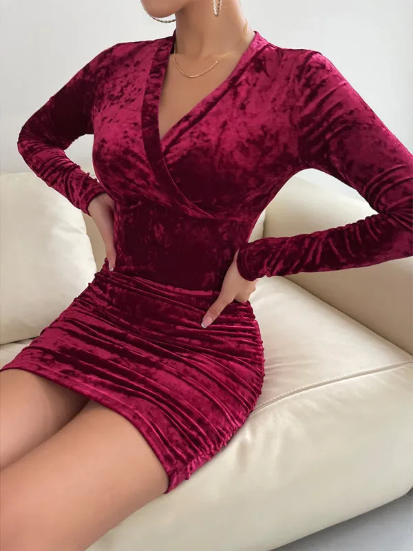 Velvet V-neck Mini Dress with Ruched Wrap Design