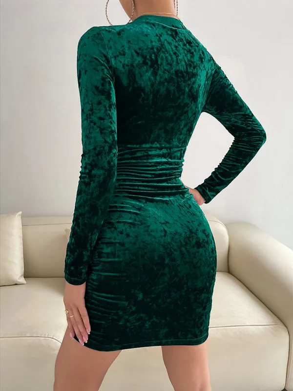 Velvet V-neck Mini Dress with Ruched Wrap Design