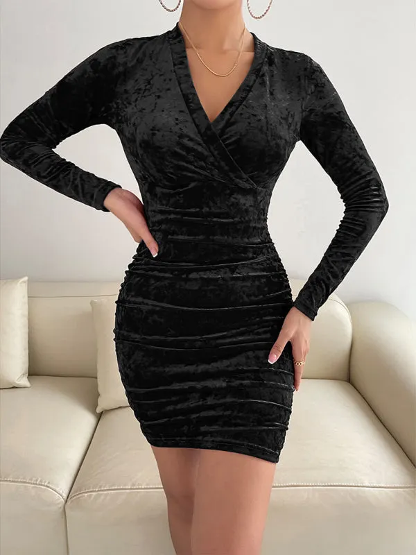 Velvet V-neck Mini Dress with Ruched Wrap Design