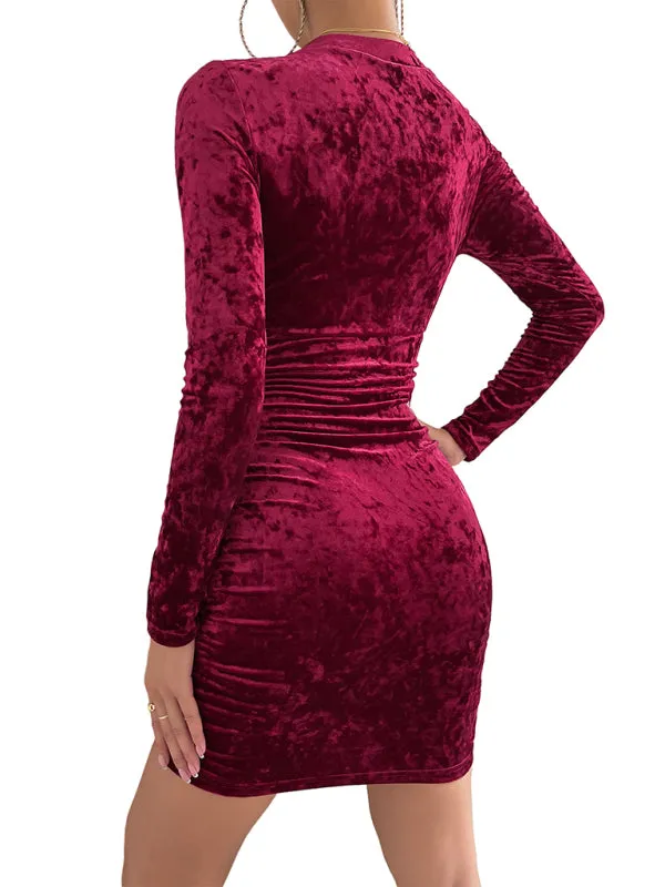Velvet V-neck Mini Dress with Ruched Wrap Design