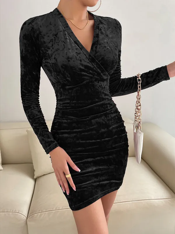 Velvet V-neck Mini Dress with Ruched Wrap Design