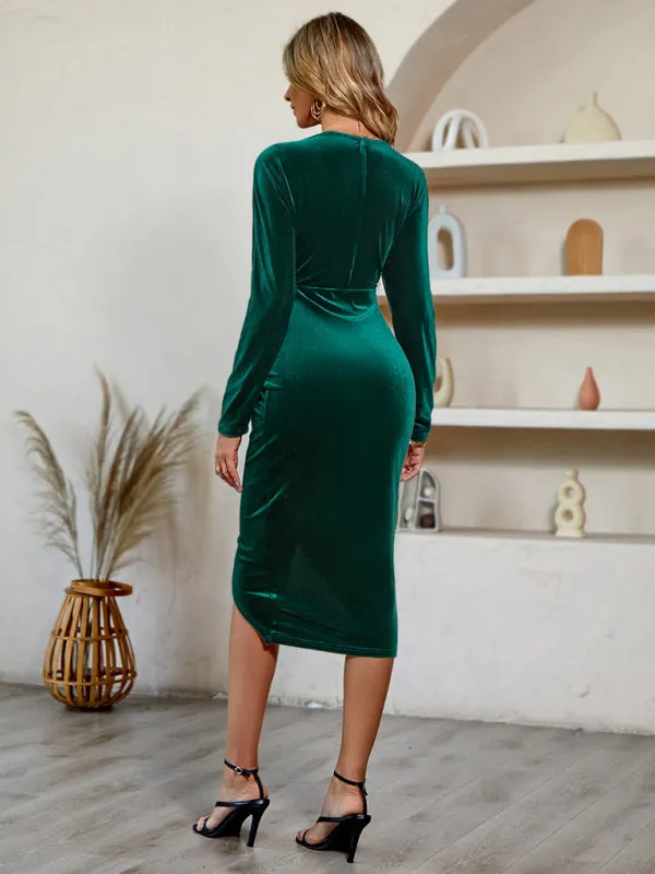 Velvet Wrap Dress with V-Neck and High-Low Hemline
