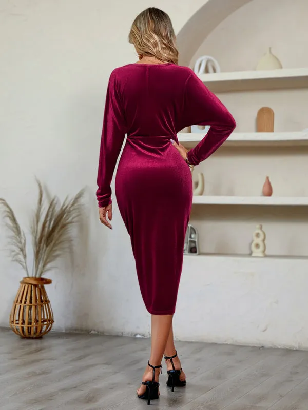Velvet Wrap Dress with V-Neck and High-Low Hemline