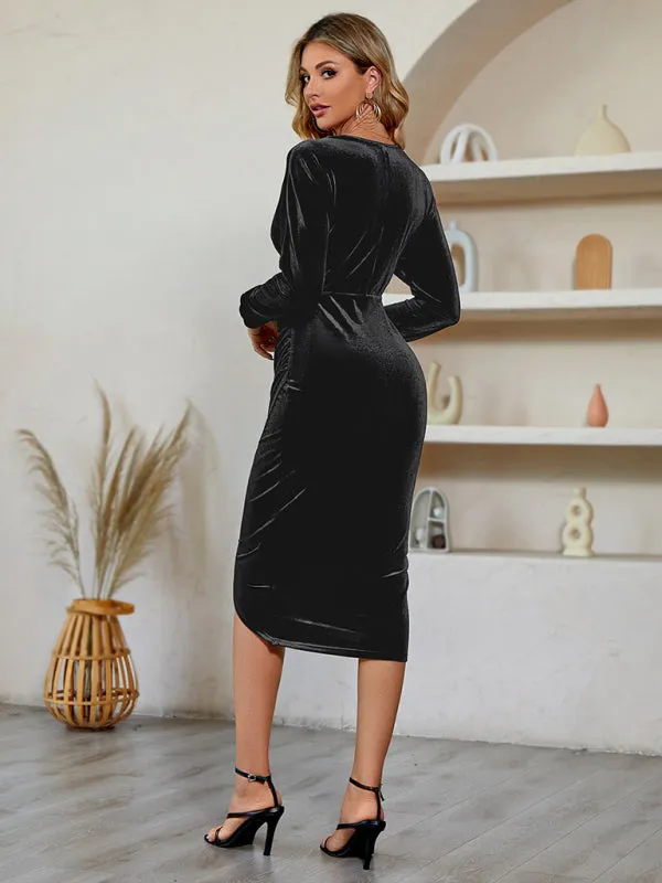 Velvet Wrap Dress with V-Neck and High-Low Hemline