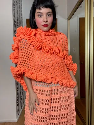 Vintage 60s 70s Orange Crochet Wrap - One Size