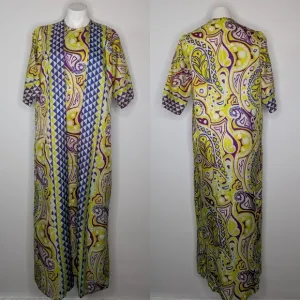 Vintage Lounge Craft yellow blue white purple wrap and drape lounge robe dress M