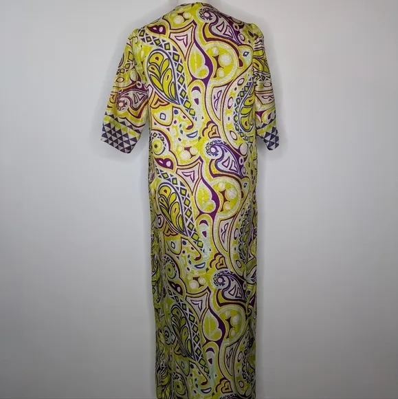 Vintage Lounge Craft yellow blue white purple wrap and drape lounge robe dress M