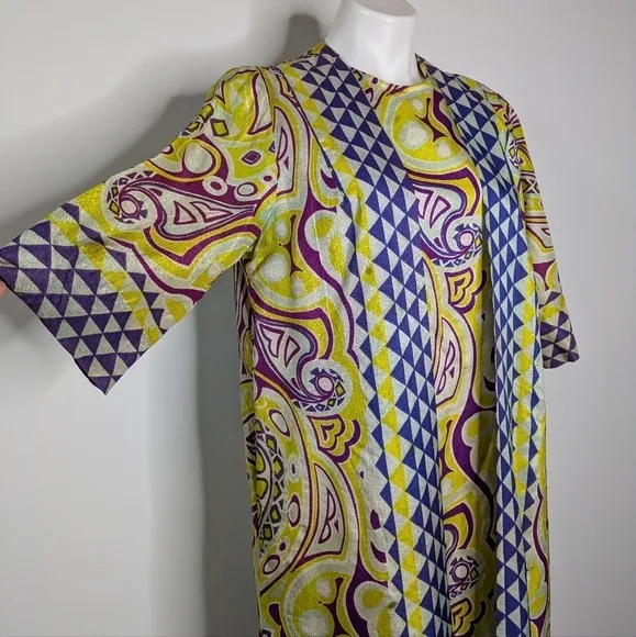 Vintage Lounge Craft yellow blue white purple wrap and drape lounge robe dress M