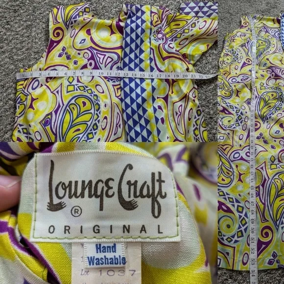 Vintage Lounge Craft yellow blue white purple wrap and drape lounge robe dress M
