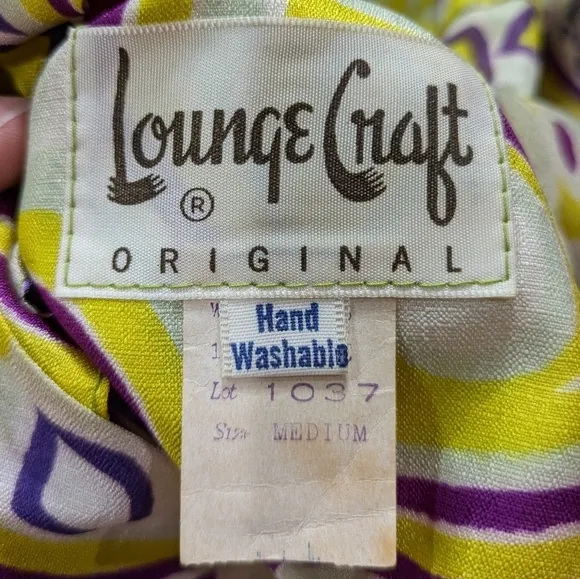 Vintage Lounge Craft yellow blue white purple wrap and drape lounge robe dress M
