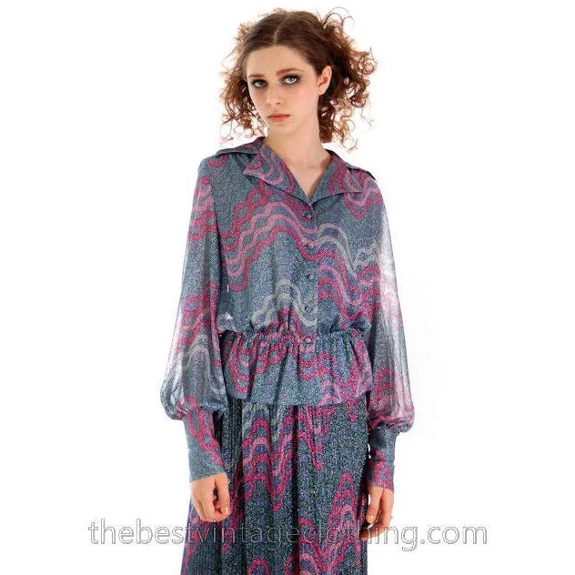 Vintage Missoni / John Baldwin Maxi Skirt & Blouse  Set Purple Pink Silver  Metallics 1970s Med