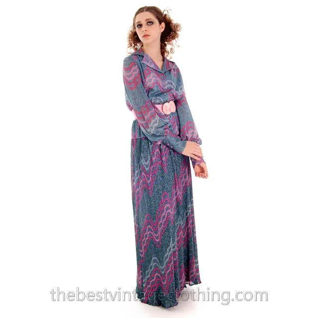 Vintage Missoni / John Baldwin Maxi Skirt & Blouse  Set Purple Pink Silver  Metallics 1970s Med