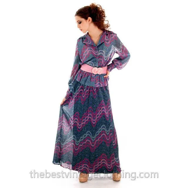Vintage Missoni / John Baldwin Maxi Skirt & Blouse  Set Purple Pink Silver  Metallics 1970s Med